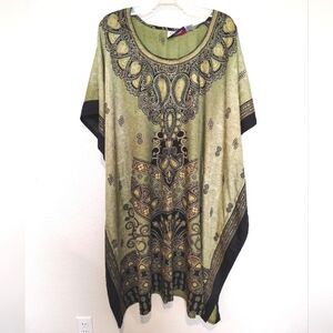 EY Signature Paisley Print Caftan-1 Sz Fits All- Green, Gold & Black